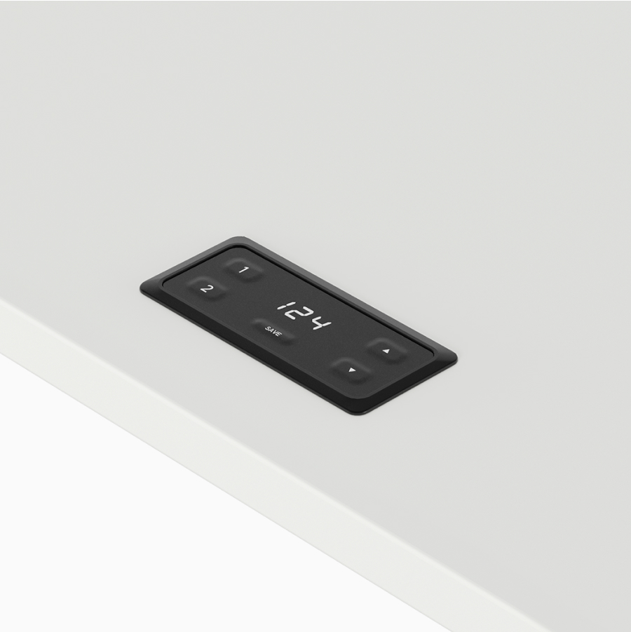 Detail of programmable control switch on a height-adjustable table with a white surface and light grey leg.