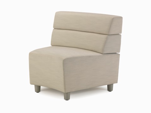 A curved configuration of beige, mid-back Steps Lounge System seating modules with intervening arms and a built-in surface. A curved configuration of beige, mid-back Steps Lounge System seating modules with intervening arms and a built-in surface.