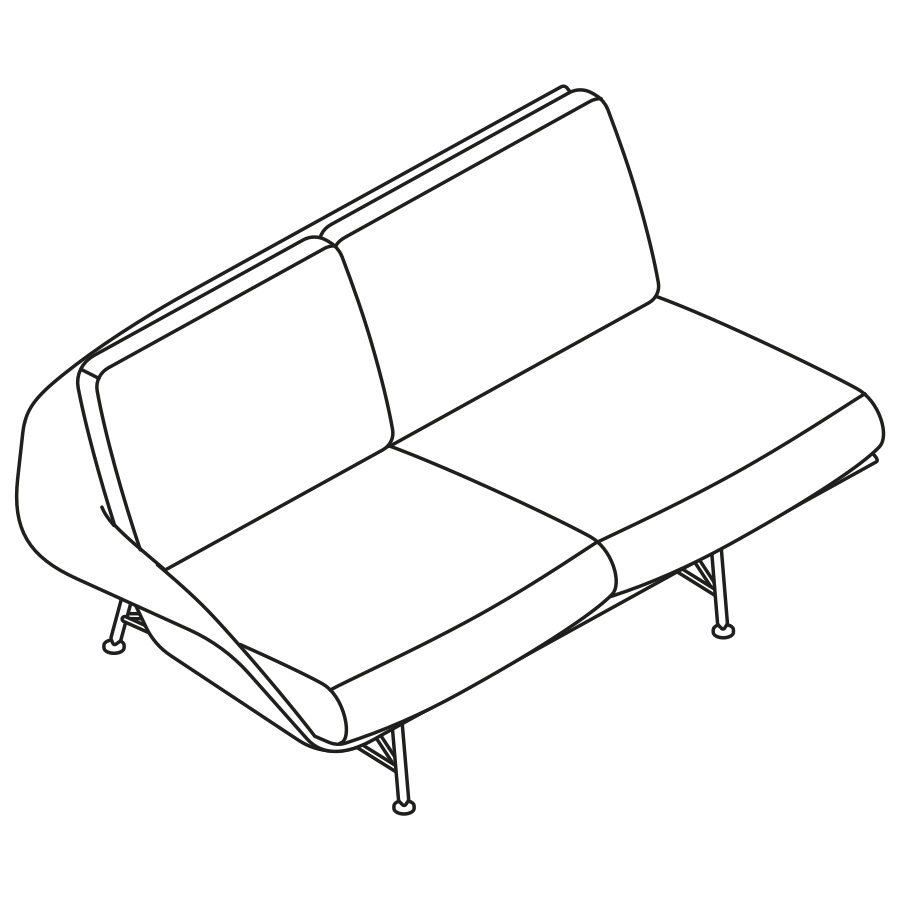 Un disegno isometrico del divano Striad a due posti con bracciolo a destra.