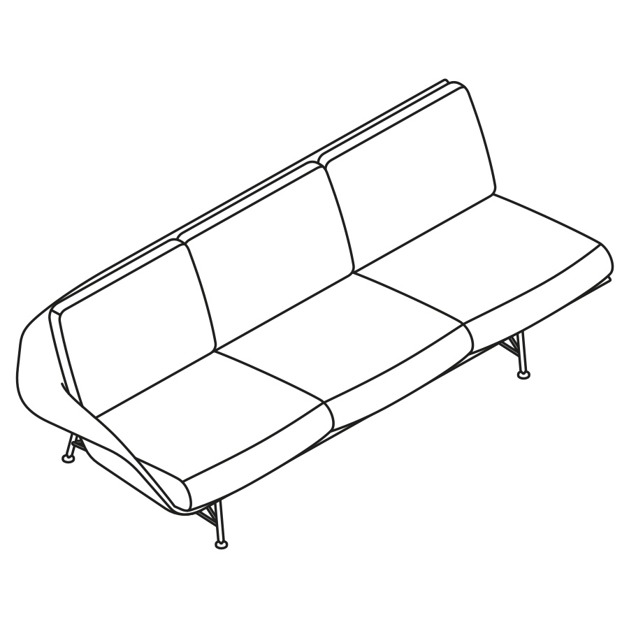 Dibujo isométrico del brazo derecho del sofá Striad de tres asientos.