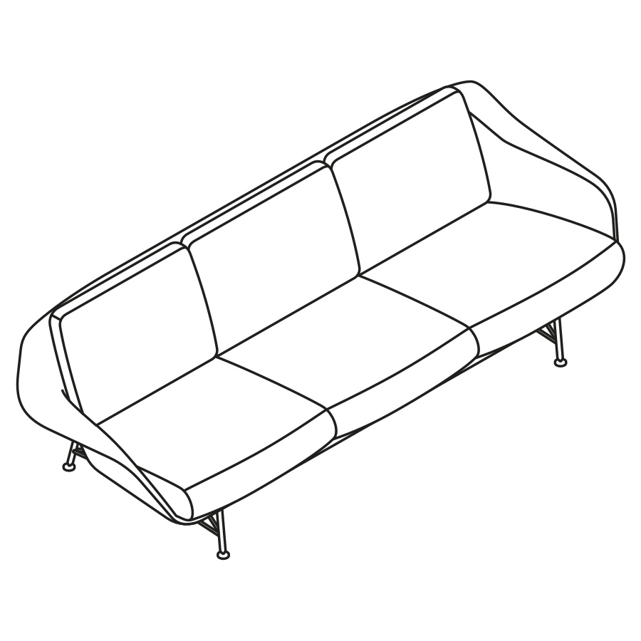 Un disegno isometrico del divano Striad a tre posti con braccioli.