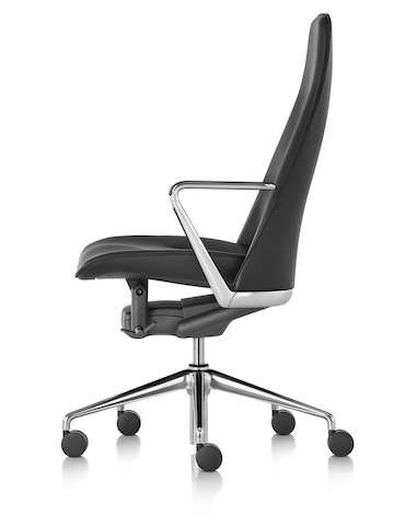 Profile view of a black leather Taper executive chair.