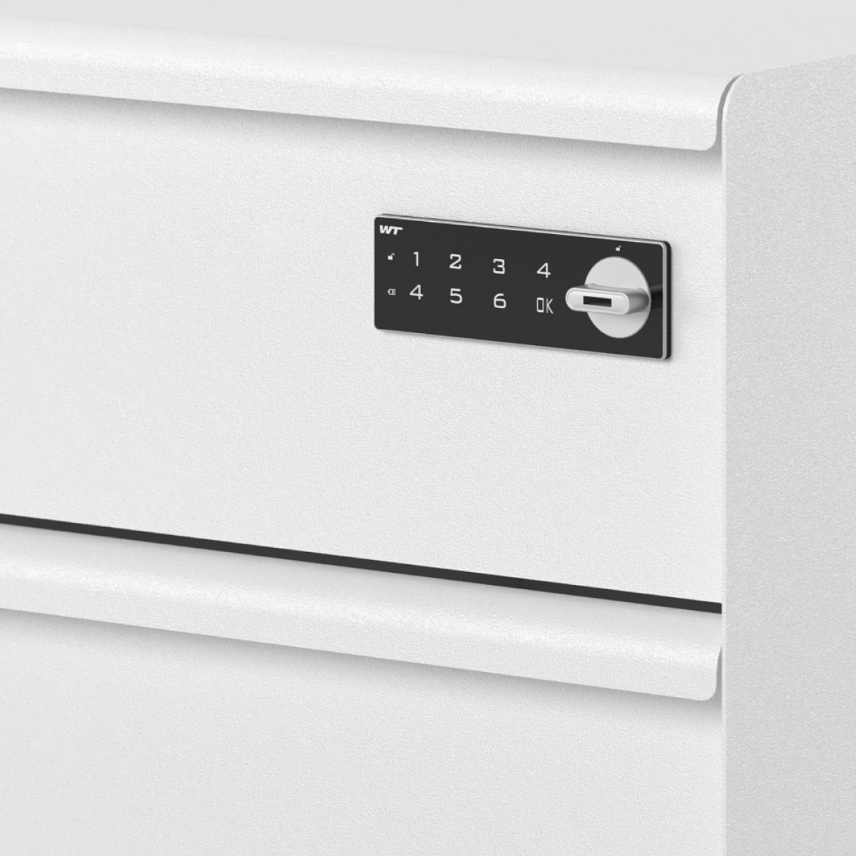 Close-up view of the digital lock on a Trac pedestal.