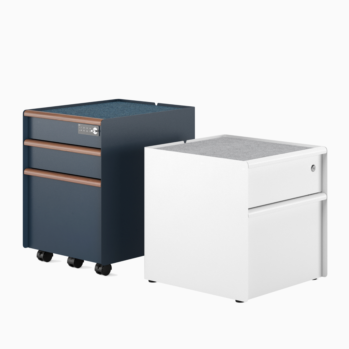 A Trac pedestal in Nightfall with a drawer/drawer/file configuration, liner, digital lock, and casters and a white Trac pedestal with a drawer/file configuration, liner, key lock, and glides.