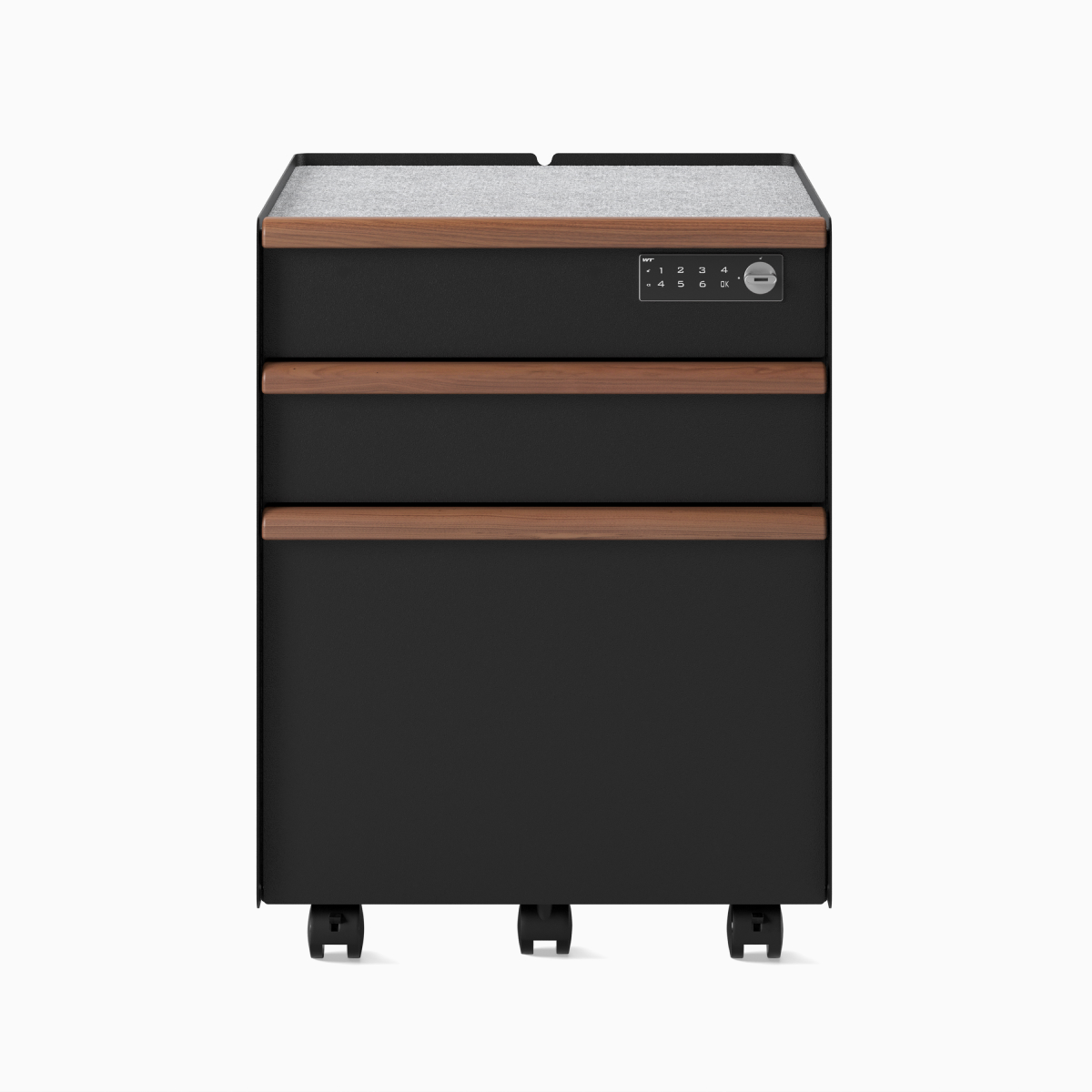 Front view of a black Trac pedestal with a drawer/drawer/file configuration, PET liner, casters, digital lock, and wooden drawer pulls.