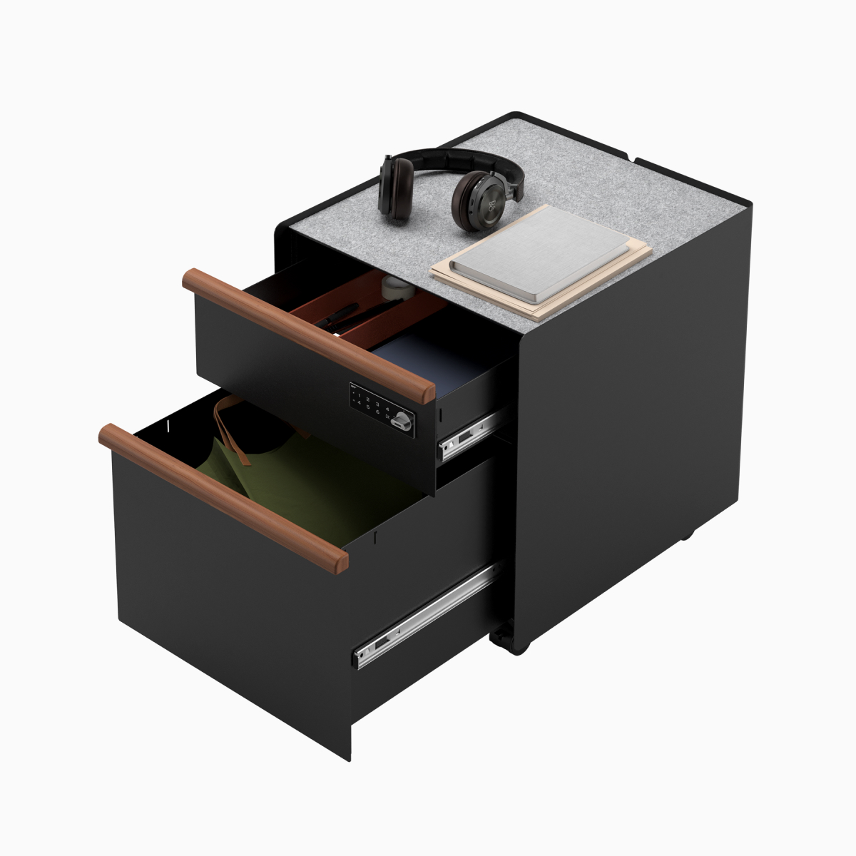 Overhead view of a black Trac pedestal with an open drawer and file, PET liner, digital lock, and wooden drawer pulls.