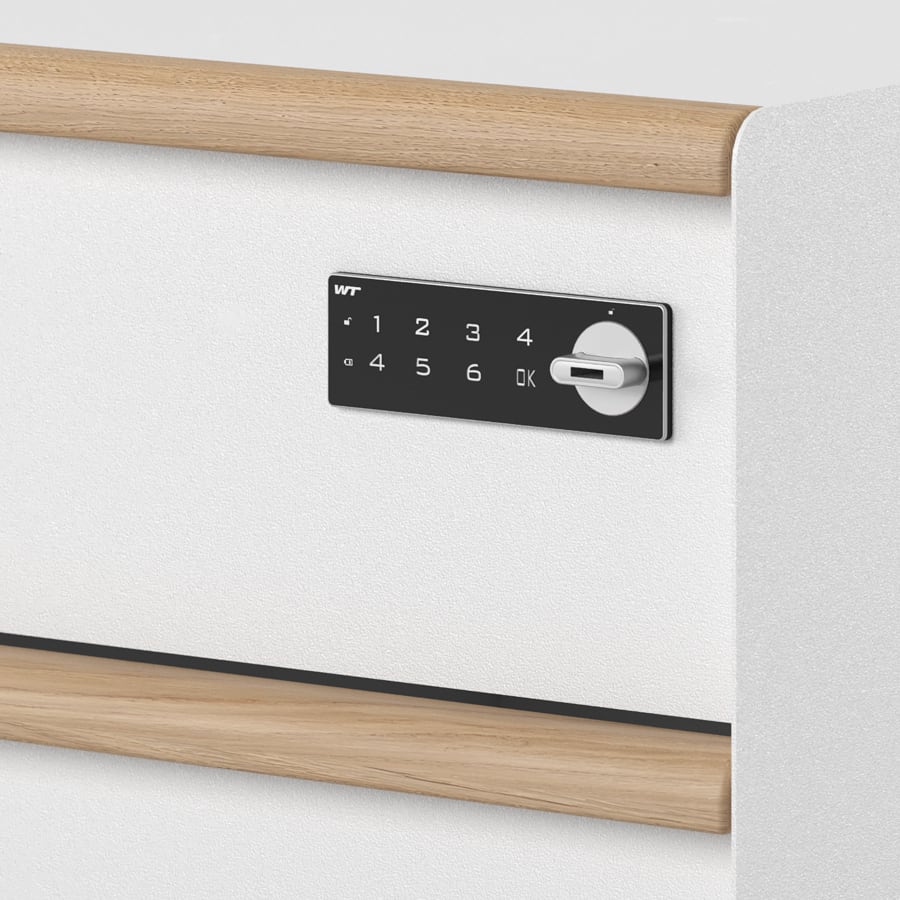 Close-up view of the digital lock on a Trac pedestal.