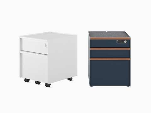 Two Trac pedestals showing drawer/file in white on casters with key lock, and drawer/drawer/file in Nightfall with PET liner, wooden drawer pulls, and digital lock.