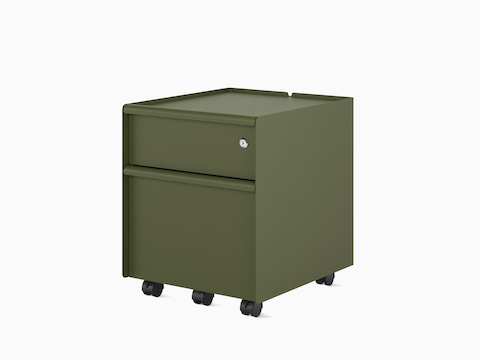 An Olive Trac pedestal with a drawer/file configuration, castors, key lock and metal drawer pulls.