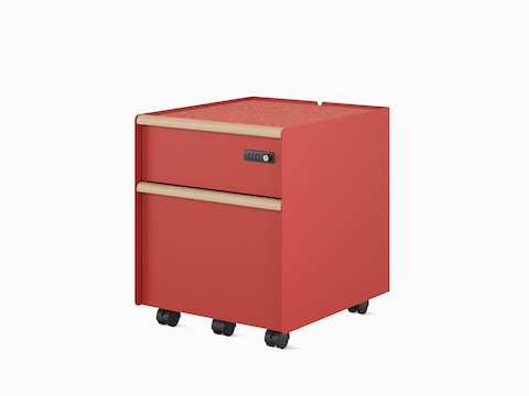 A Trac pedestal with a drawer/file configuration in Canyon with PET liner, castors, digital lock, and wooden drawer pulls.