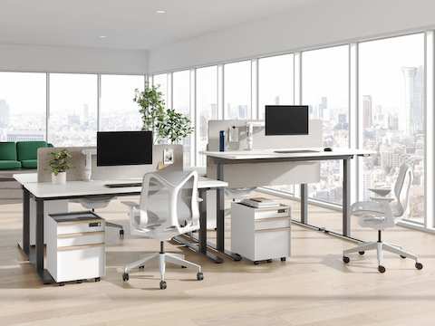 A group of four freestanding Nevi Sit-to-Stand Desks with low-back Cosm Chairs and Trac pedestals in white with wooden drawer pulls.