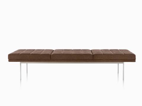 Brown Tuxedo Bench with quilted upholstery and satin chrome base, viewed from the front.