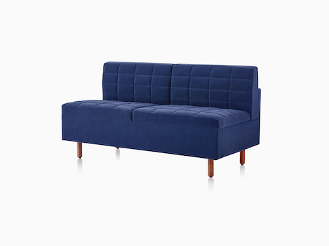 Blue Tuxedo Classic Settee without arms, viewed from the front at an angle.