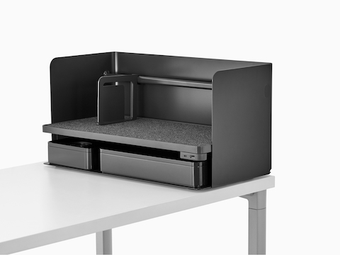 A large black Ubi Organizer with a bookend, USB power module, and two storage boxes.