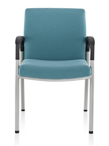 A blue Valor Multiple Seating chair with a memory foam seat, steel frame, and black arms, viewed from the front.