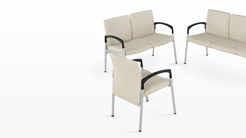 Single-seat, two-seat, and three-seat versions of Valor healthcare seating with beige upholstery.
