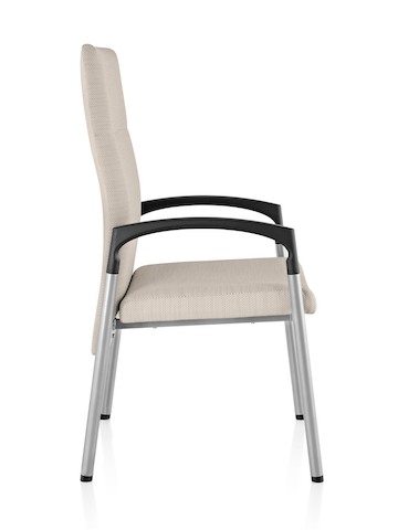 Profile view of a beige Valor Patient Chair with a memory foam seat, steel frame, and black arms.