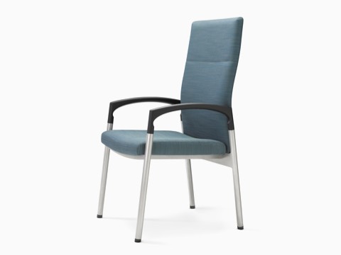 Profile view of a blue Valor Patient Chair with a memory foam seat, steel frame, and black arms.