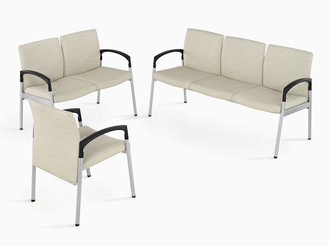 Single-seat, two-seat and three-seat versions of Valor healthcare seating with beige upholstery.