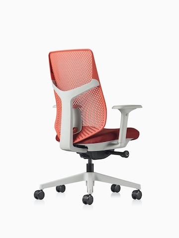 A red Verus Chair with Triflex back, viewed from the back at an angle.