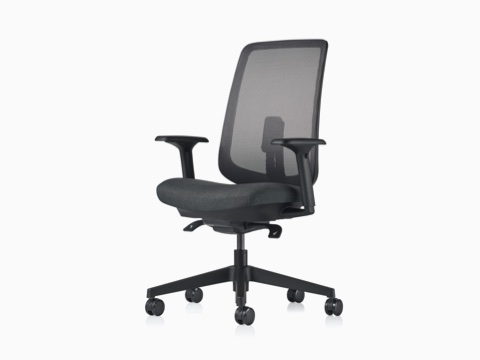 A black Verus Chair with a black suspension back. A black Verus Chair with a black suspension back.