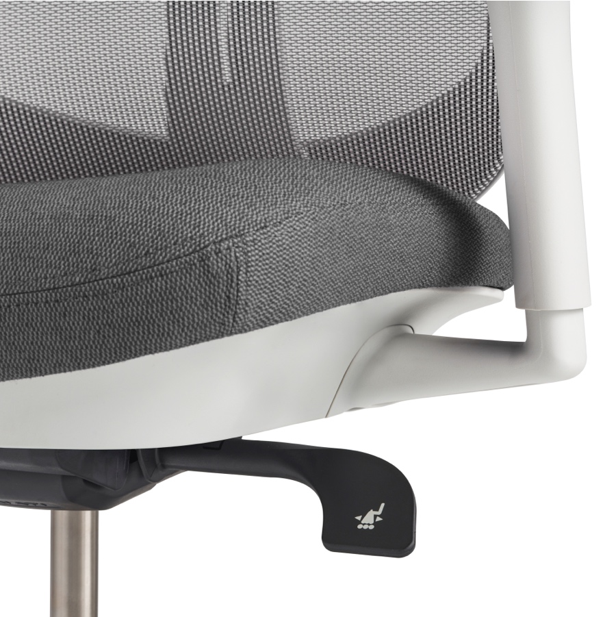 A close-up of a Verus Chair adjustment lever, self-adjusting recline with tilt lock.