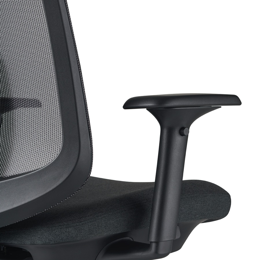 A close-up view of a Verus Chair's black fully-adjustable arm.