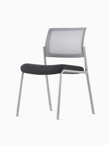 A grey Verus Side Chair upholstered in black with white suspension back and no arms at an angle.