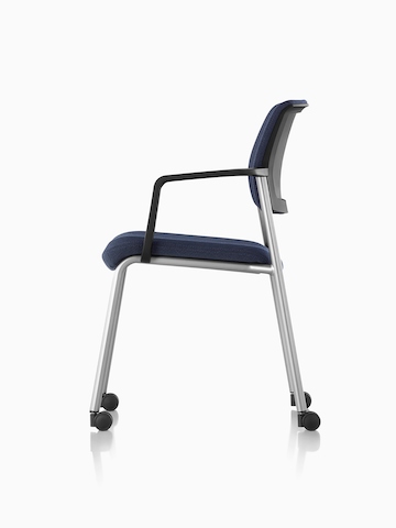 Side view of a black Verus Side Chair with arms and black suspension back.
