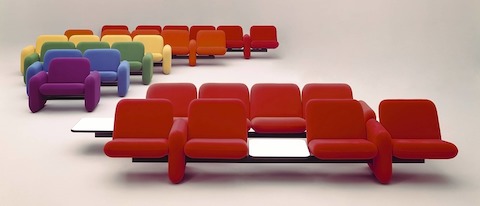 Multiple sizes, configurations and colours of the original Wilkes Modular Sofa Group from 1976.