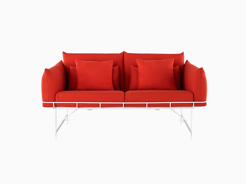 Sofá de duas almofadas Wireframe em vermelho com moldura branca, vista de frente.