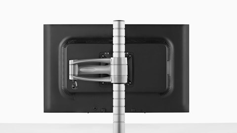 Achteraanzicht van een enkele monitor bevestigd aan een Wishbone-monitorarmsteun. Achteraanzicht van een enkele monitor bevestigd aan een Wishbone-monitorarmsteun.