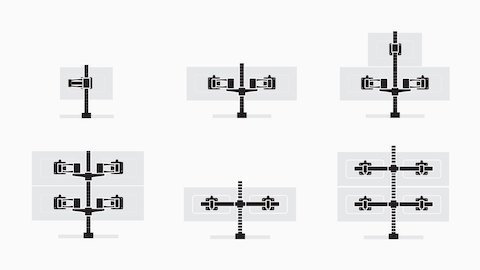1つ、2つ、3つ、または4つの画面をサポートするWishboneモニターアームの6つの構成を示すイラスト。