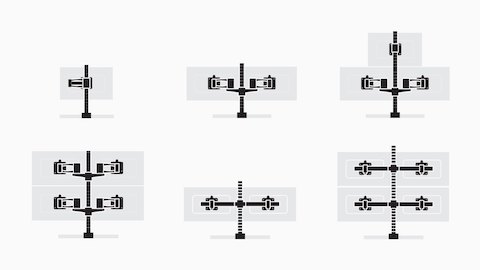 Een illustratie van zes configuraties van Wishbone-monitorarmen, die één, twee, drie of vier schermen ondersteunt. Een illustratie van zes configuraties van Wishbone-monitorarmen, die één, twee, drie of vier schermen ondersteunt.