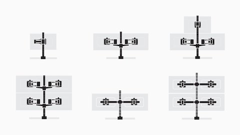 An illustration showing six configurations of Wishbone Monitor Arms, supporting one, two, three, or four screens.