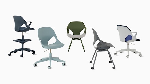 A collection of five chairs from the Zeph family, including a graphite Side Chair with castors, a glacier Multipurpose Chair, an alpine fixed arm Mulitpurpose Chair with a nightfall unibody cover, a nightfall stool with a nightfall seat pad, and an olive side chair with arms and an alpine seat pad