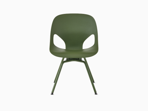 Vista frontal de una silla para visitas Zeph, con brazos fijos y ruedas orientables, de color oliva.