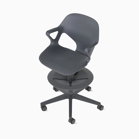 Top down angle view of a Zeph Stool with fixed arms in dark grey with a dark grey knit seat pad.