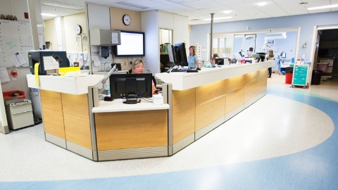 Healthcare employees work in a nurses station. Select to go to a case study featuring Bluewater Health.