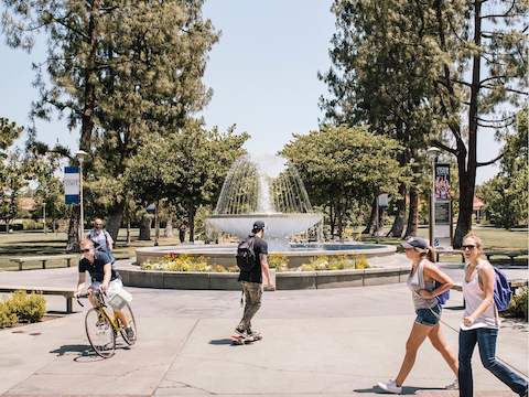 Students in front of a fountain on a university campus. 