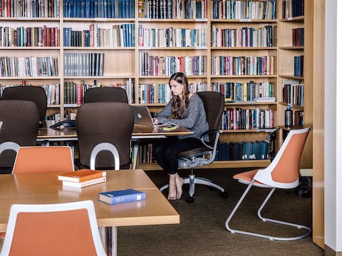 A student works on her laptop while sitting in a library. A student works on her laptop while sitting in a library.