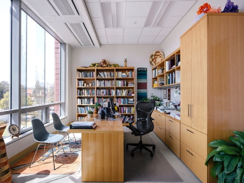 A faculty member's office area with a Mirra chair and abundant natural light.