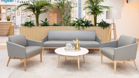 3 seater Palisade sofa with Vinyl upholstery on ash legs with two single Palisade arms chairs and Table. 3 seater Palisade sofa with Vinyl upholstery on ash legs with two single Palisade arms chairs and Table.