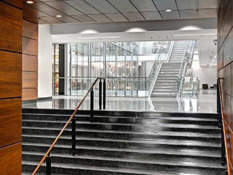 Natural light reflects across stairs inside of an atrium. 