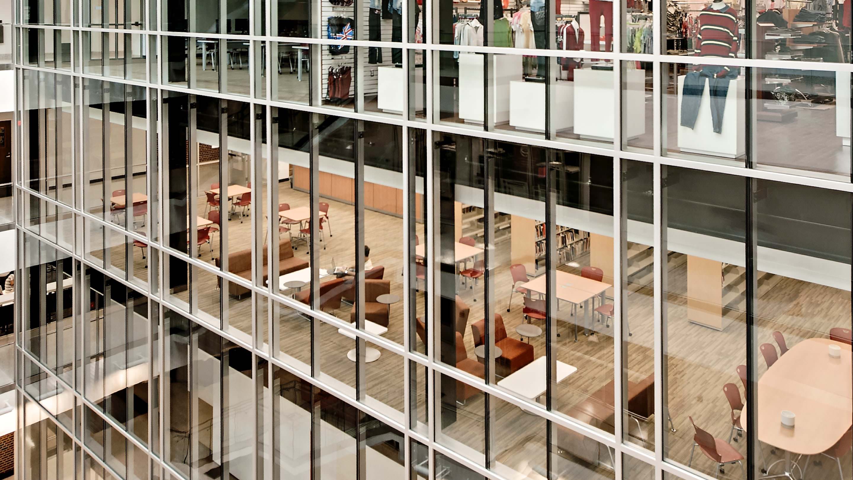 An exterior view of the William Johnston Building's glass walls. 