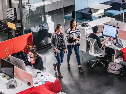 Office employees work and talk amidst an open office design. 