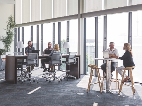 People work and discuss while seated at high-top tables in a sunlit area.