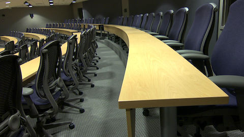 A forum inside K-state Olathe outfitted with curved tables and Celle chairs. A forum inside K-state Olathe outfitted with curved tables and Celle chairs.