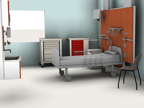 A computer image of a proposed patient room setup. A computer image of a proposed patient room setup.