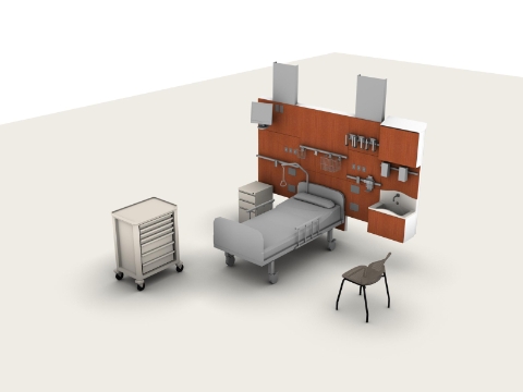 A 3-D computer image showing the planning of a patient room. A 3-D computer image showing the planning of a patient room.